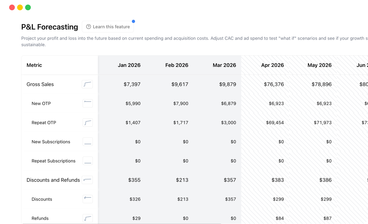 P&L Forecasting with projected revenue and profit trends