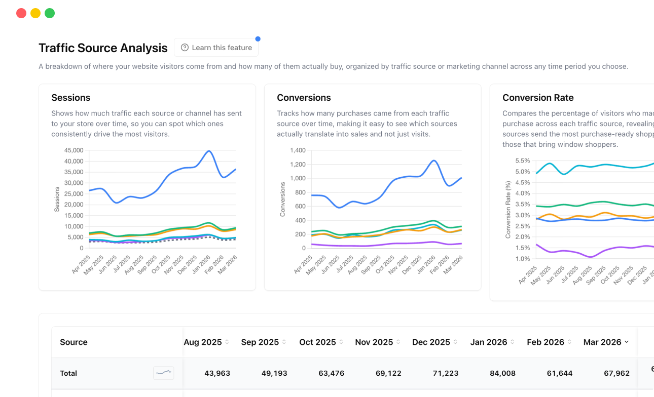 Traffic Source Analysis showing conversion rates by channel
